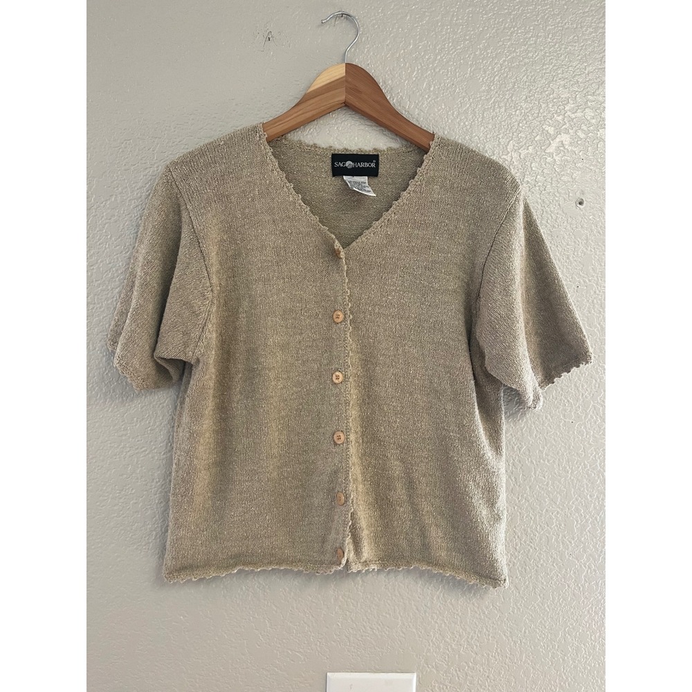 Sag Harbor VTG Silk Blend Short Sleeve Cardigan Beige Knit Scalloped Sweater Med
